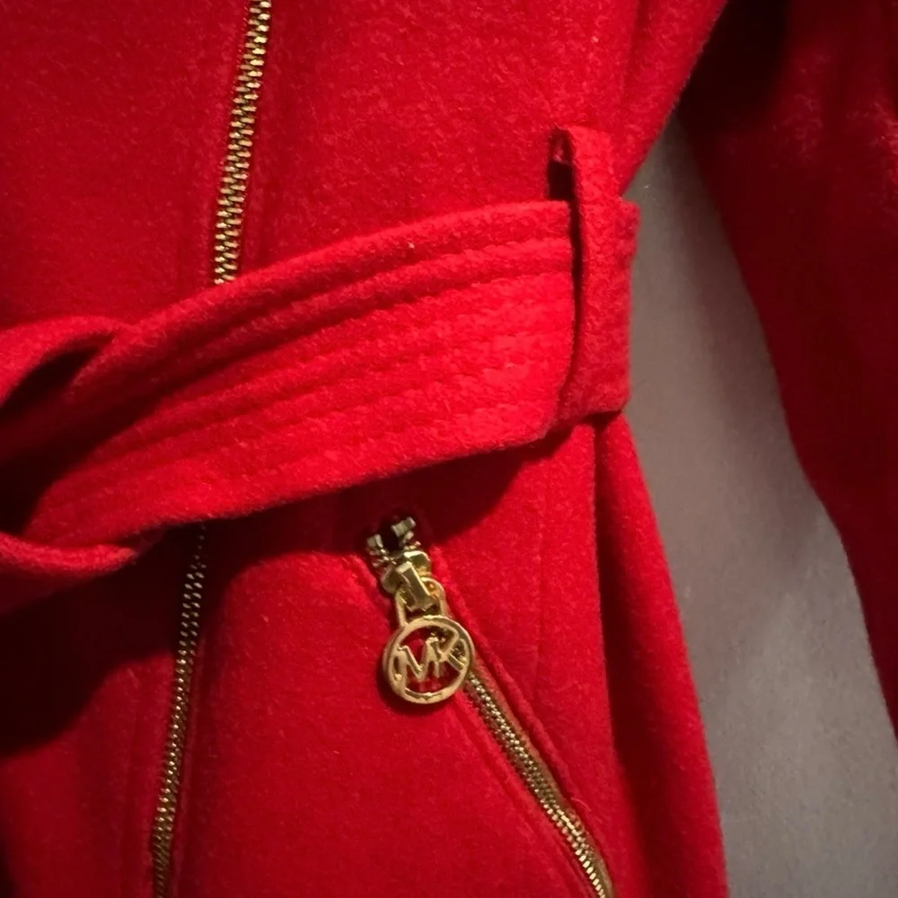 Michael Kors Red Belted Zip Wool Coat – Gold Hardware Small Designer Winter Coat
